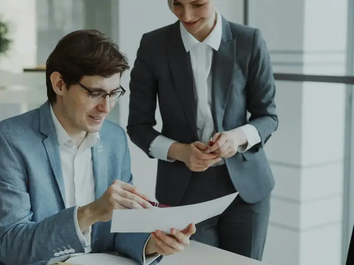 Two men reviewing mortgage paperwork together